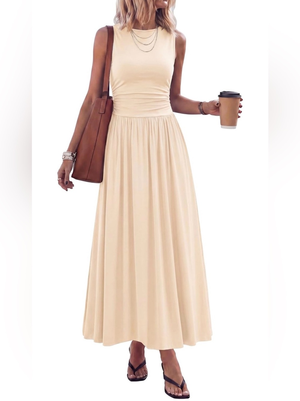 Pretty Garden Sleeveless A-Line Maxi Dress - Beige Size Small NWOT